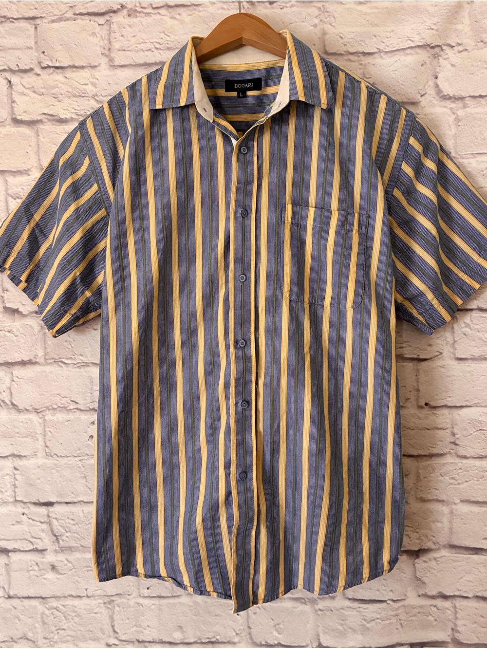 Bogari Men’s Short-Sleeve Stripe Button-Up Shirt - Blue & Yellow - Large